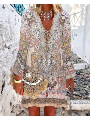 Bohemian V-neck irregular positioning digital printed dress HF2313-03-04