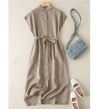 Solid Button Sash Lapel Short Sleeve Casual Cotton Shirt Dress